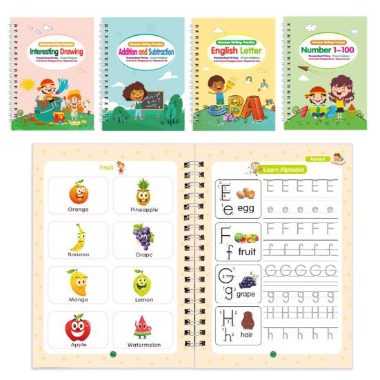 4Pcs Writing Exercise Book Practice Copybook Handwriting Workbook Kit with Letters Numbers English Grooved Learning Activity Workbook