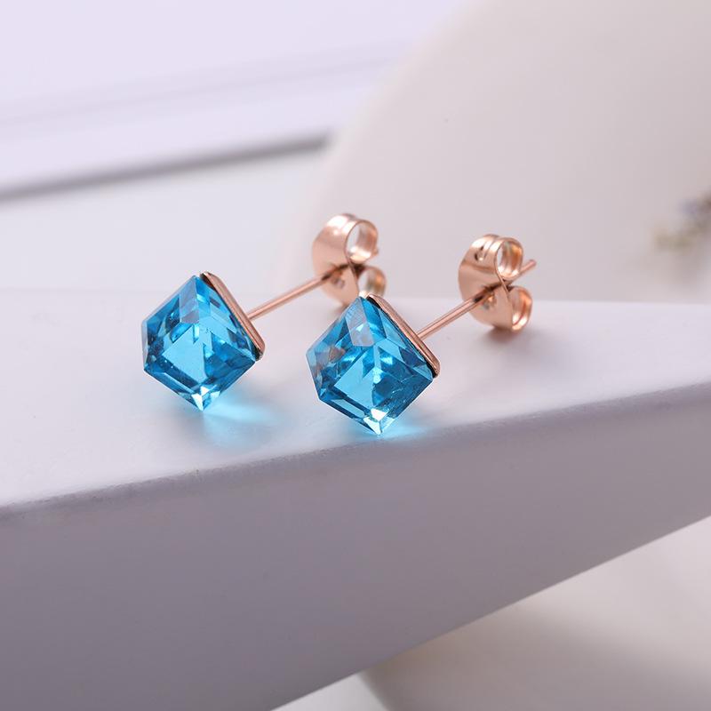 Shiny Color Crystal Small Square Bead Earrings Sea Blue Sugar Cube Titanium Steel Earrings Earrings Light Luxury