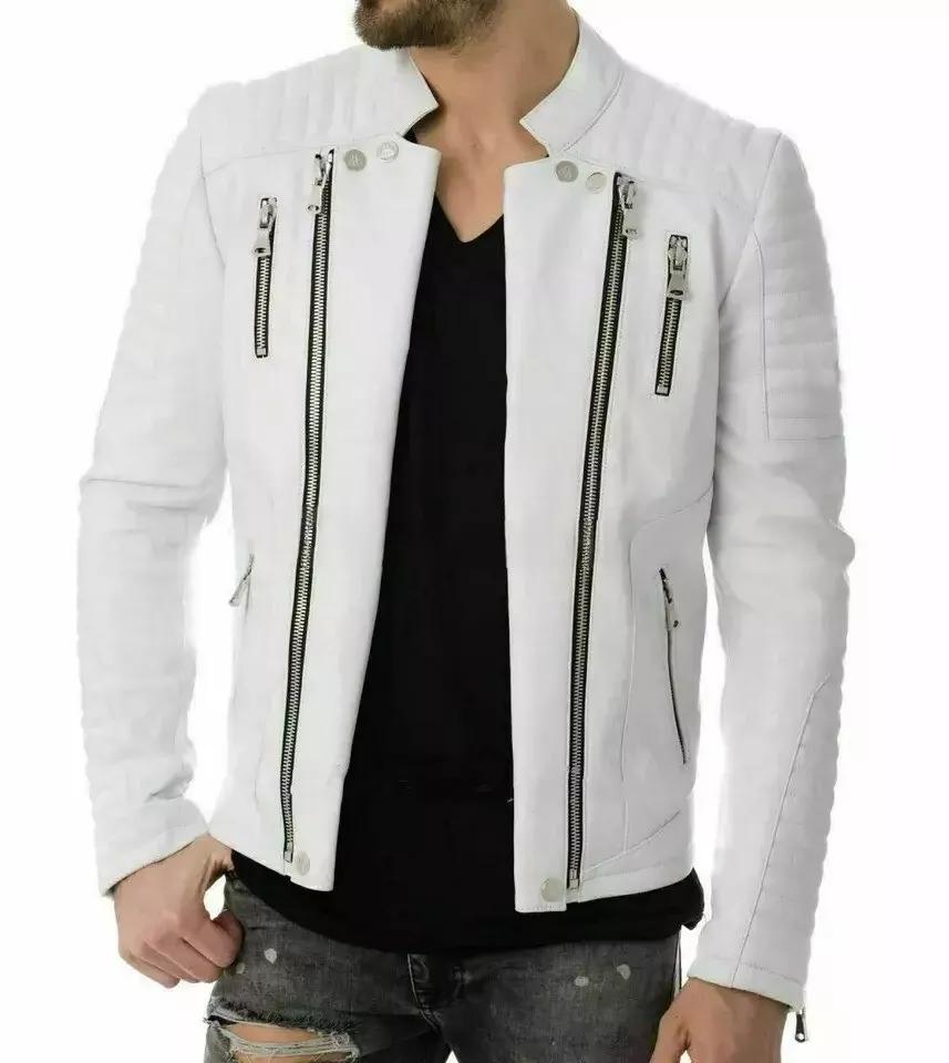 Jacke Biker Herren echtes Lammleder Motor Neu weiß handgefertigt stilvoll