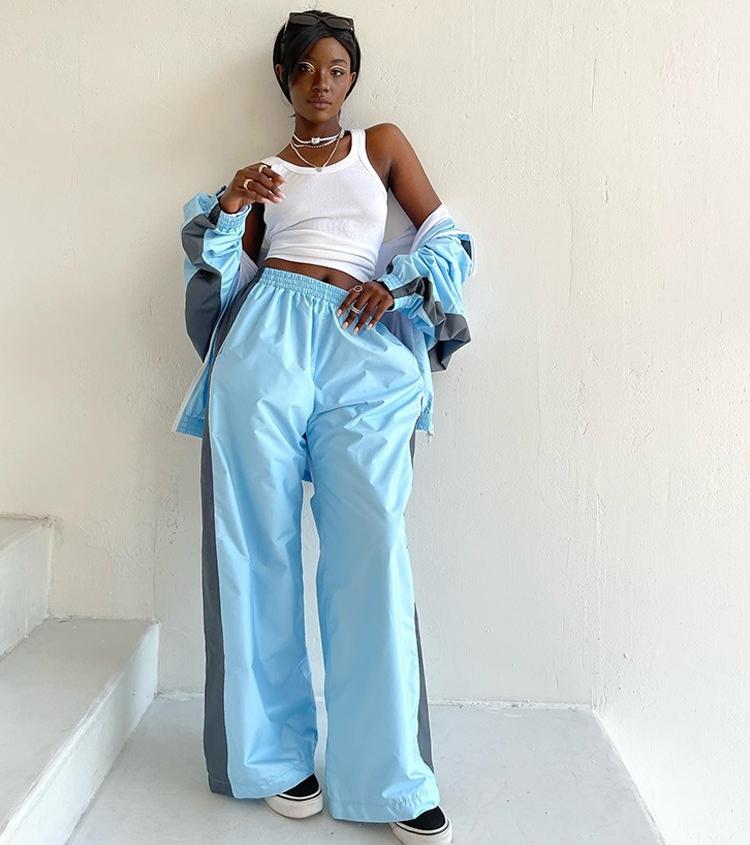 FLARORA Mode Color-Blocking 2-teilige Sets Damen Langarm Reißverschluss Lockere Jacken und Gerade Bein Hosen Outfits Street Trainingsanzüge