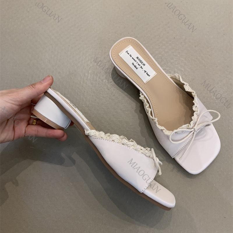 Butterfly-knot Lace Women Slippers Summer Casual Thick Low Heel Sweet Students Street Style Slides Ladies Sandals