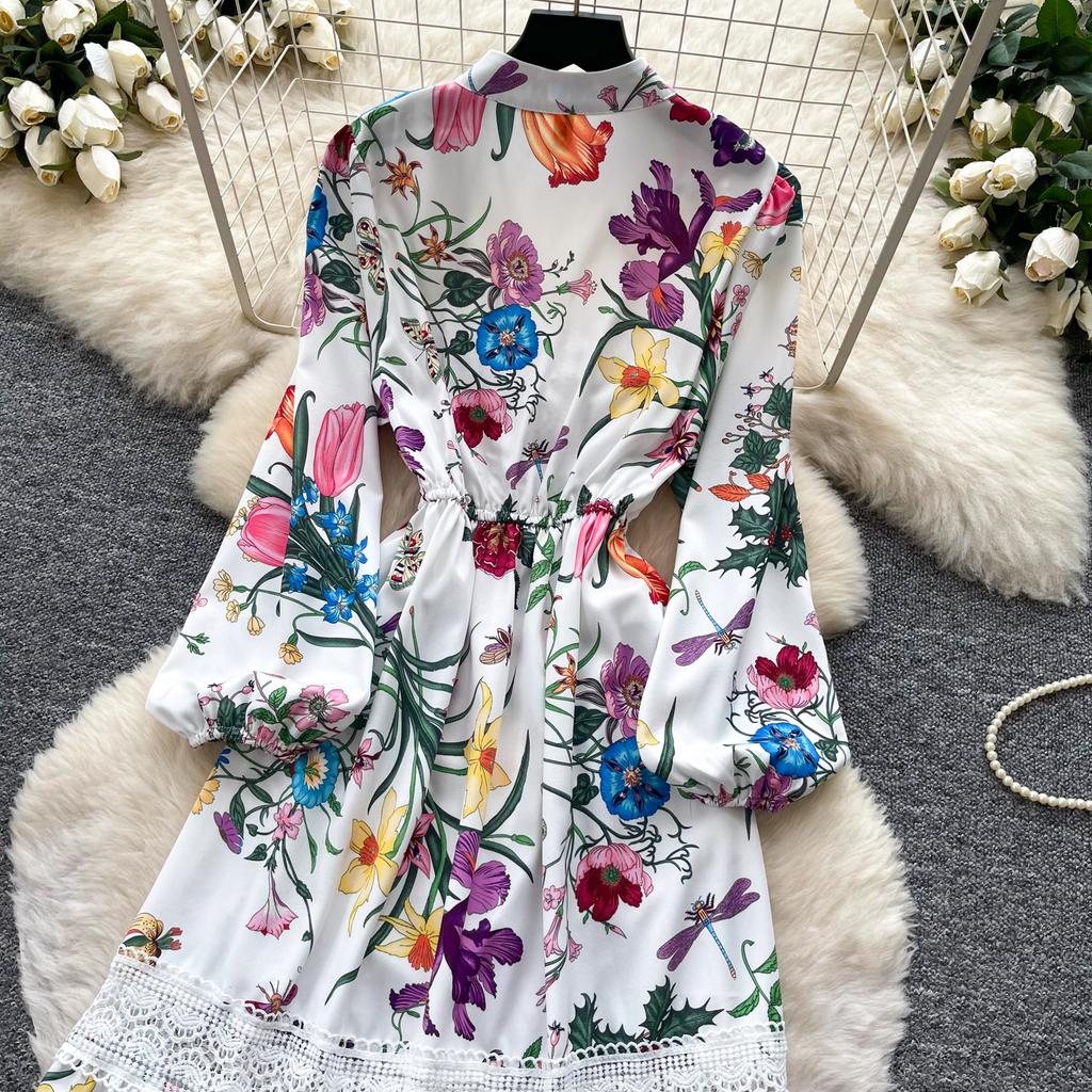 2026 New Floral Print Lace Patchwork Maxi Dress Women Elegant V Neck Long Sleeve White Casual Party Long Dresses Bohemian Robe