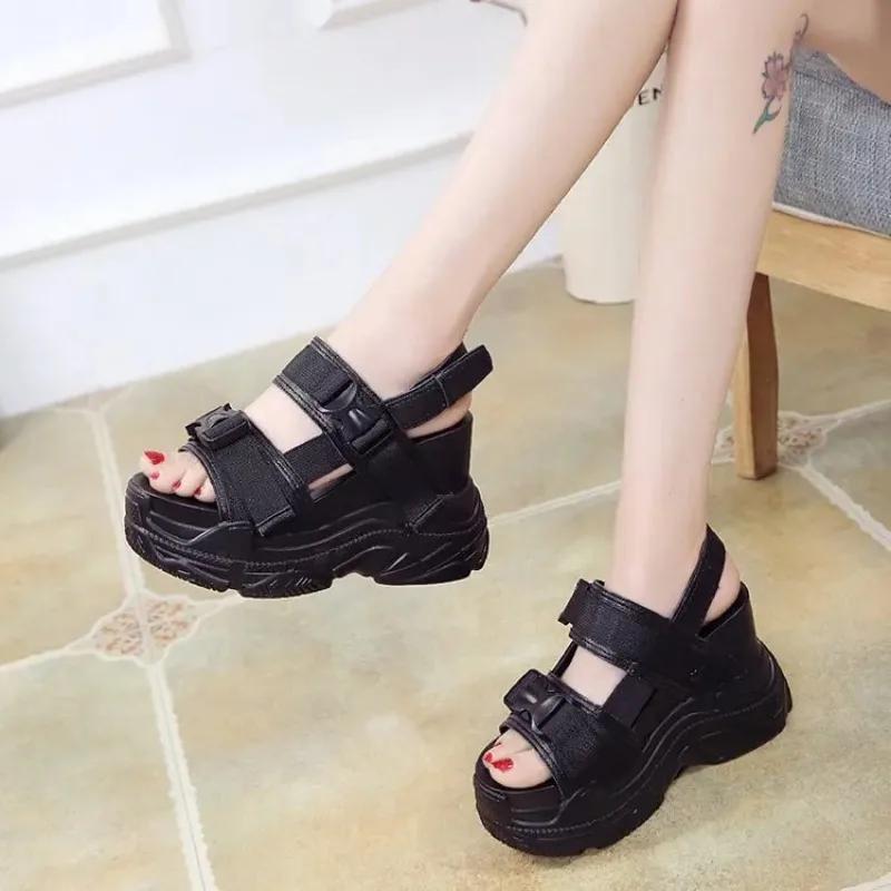 Sandalias De Mujer Verano 2024 Platform Shoes Wedge Heels Shoes Women Buckle Thick Soled Beach Sandals Woman Sport Sandal Black