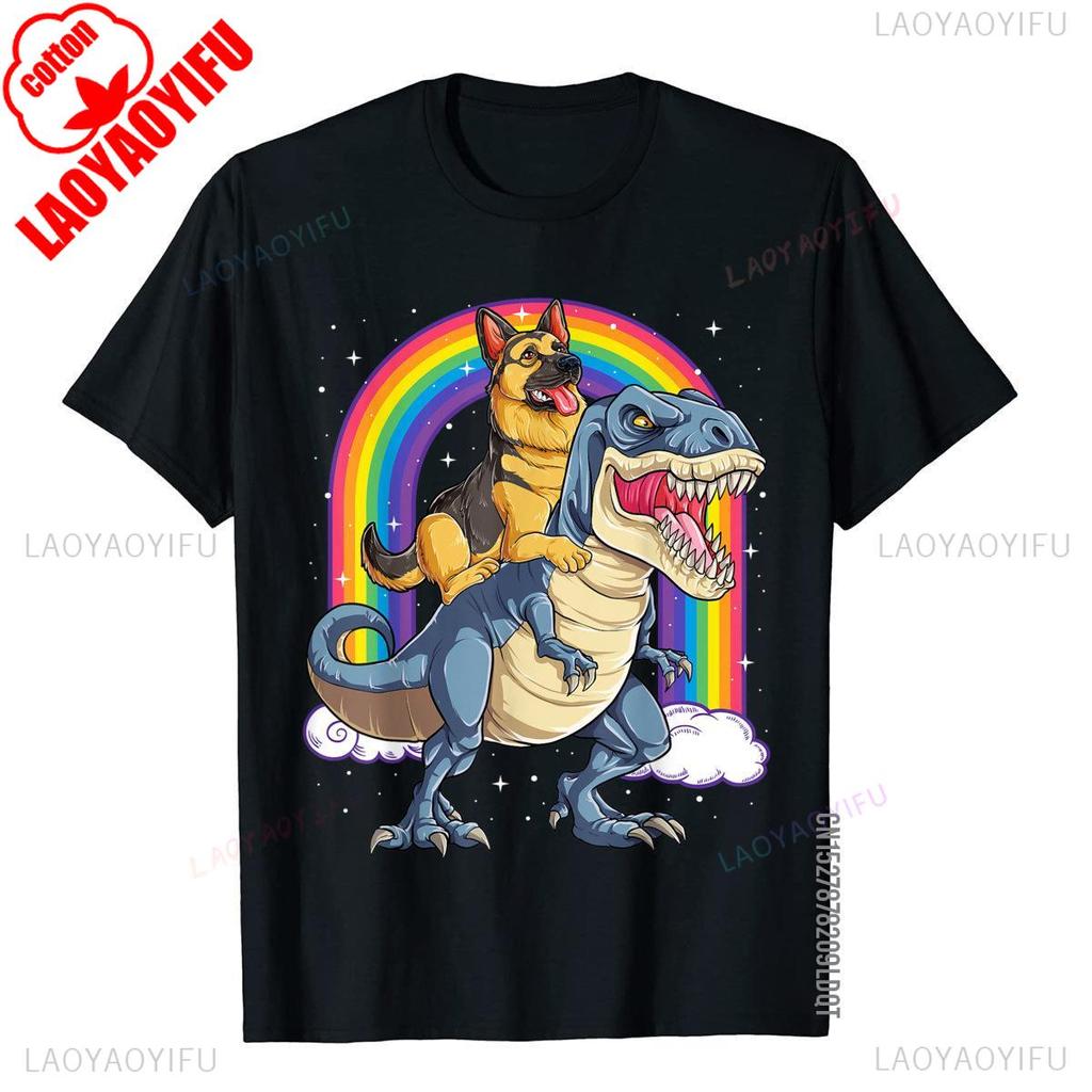 German Shepherd Riding Dinosaur Male Tshirt Rainbow Graphic Printed TShirt Men Summer Casual Crewneck Cotton Short Sleeve