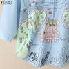 ZANZEA Women Turn Down Collar 3/4 Sleeve Loose Print Blouse