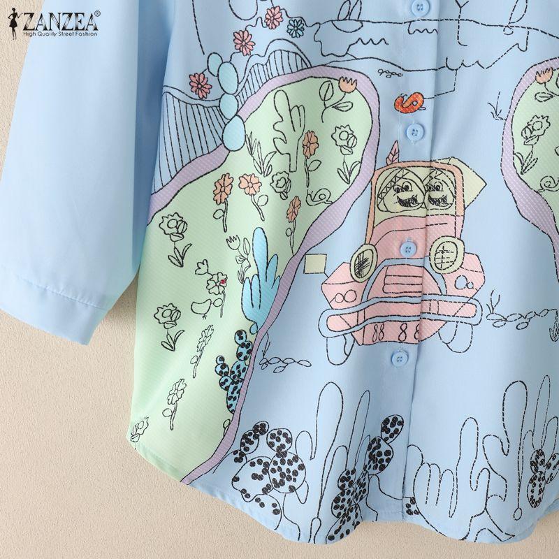 ZANZEA Women Turn Down Collar 3/4 Sleeve Loose Print Blouse