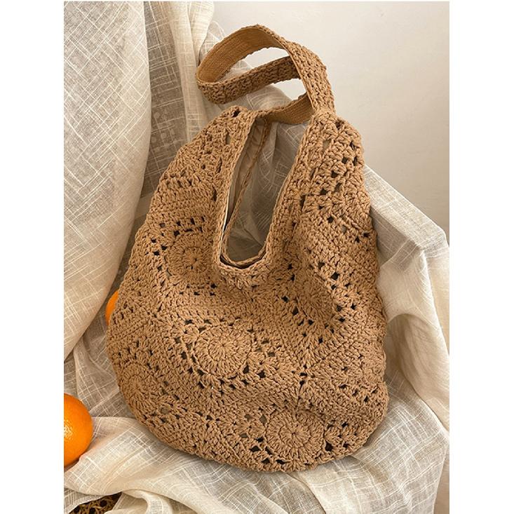 Fashion Casual Handmade Crochet Hollow Flower Woven Summer Vacation Simple Large Capacity Commuting Work Shoulder Bag
