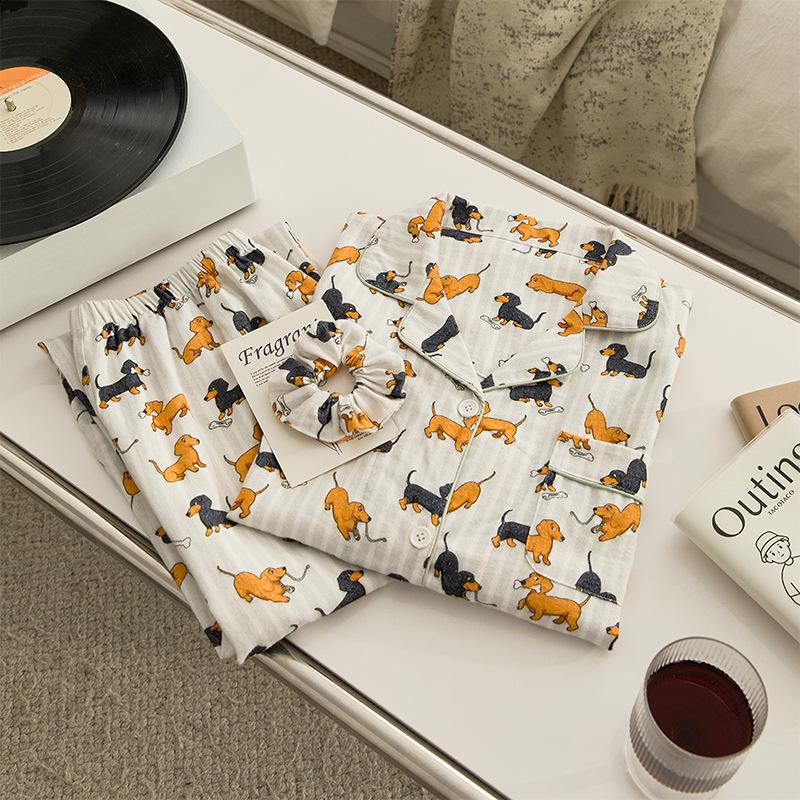 Women's Brushed Cotton French Pajamas - Comfy, Loose-Fit Long Sleeve Set for Spring & Autumn