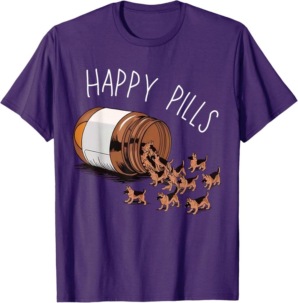 Happy Pills German Shepherd Dog Lovers Graphic Print TShirt Casual Wear Cotton Tee