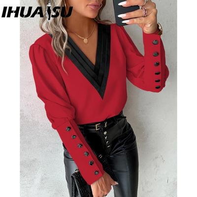 Γυναικεία μόδα casual Φθινοπωρινό μονόχρωμο τύπωμα μπλούζες και πουκάμισα με μακρυμάνικο λαιμόκοψη