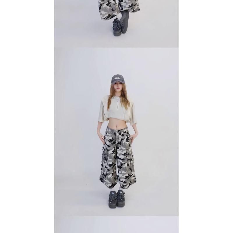 Retro Gray and White Camouflage Overalls Multi-pocket Design Pants Women's Cleanfit Straight Cropped Pants