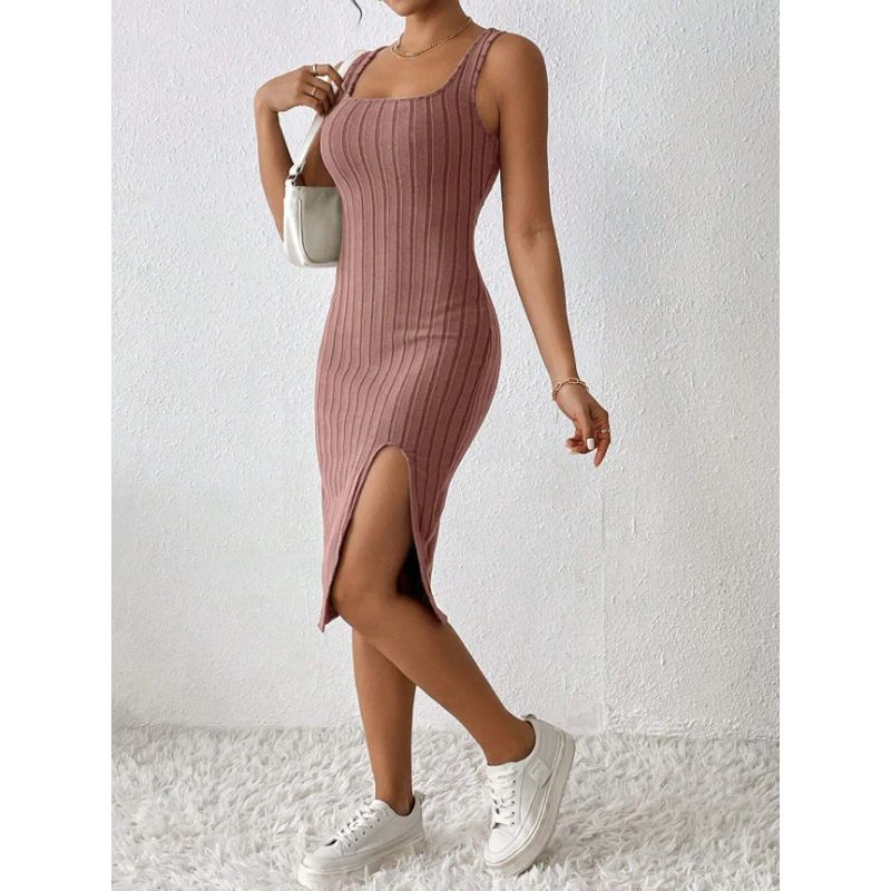2025 Summer European and American Solid Sling Slim Fit Sunken Stripe Slit Dress Simple Slip Dress