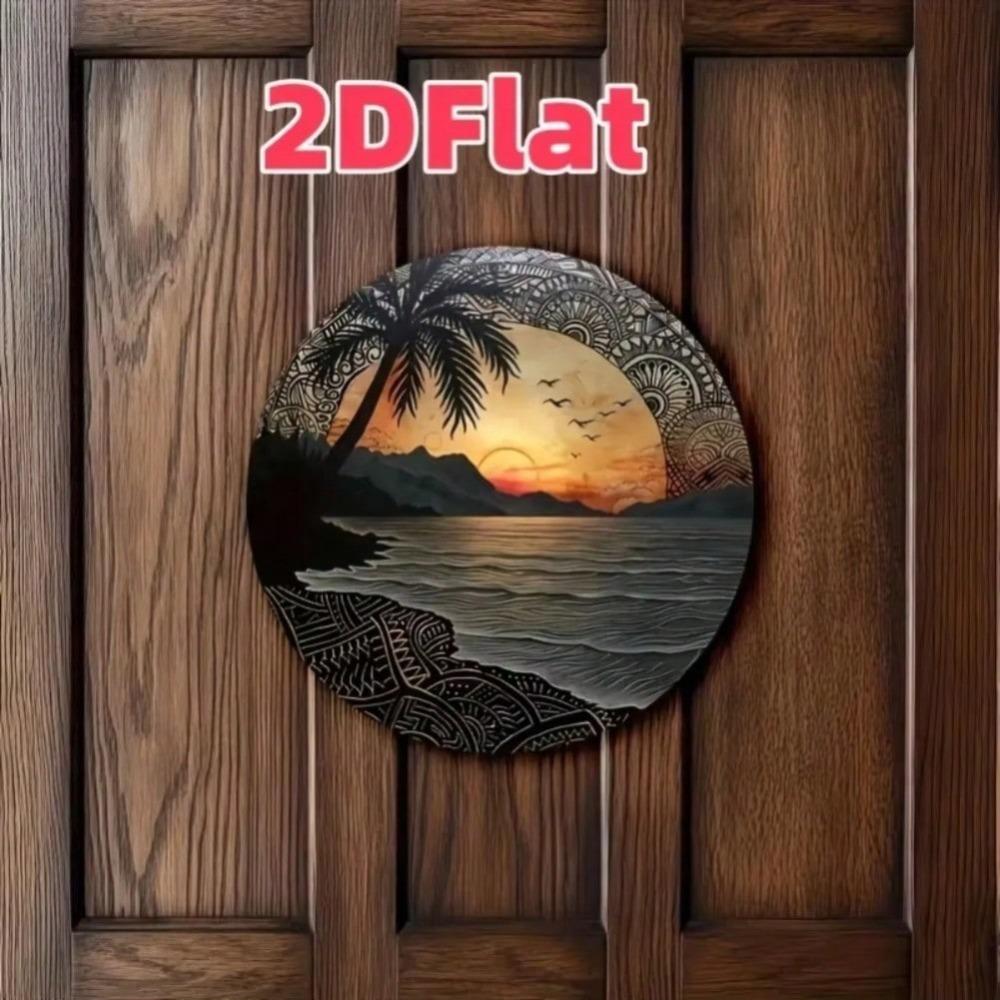 Bohemian Style Round Metal Wall Art Tropical Sunset Ocean Palm Tree Home Decor Gift