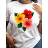 Womens Vibrant Floral Print T Shirt Lightweight Polyester Short Sleeve Round Neck Casual Hibiscus Flowers Spring Summer Fall Top