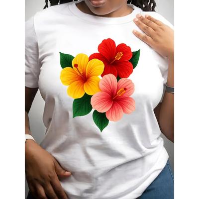 Camiseta Vibrante con Estampado Floral para Mujer Ligera de Poliéster Manga Corta Cuello Redondo Casual Flores de Hibisco Primavera Verano Otoño Top