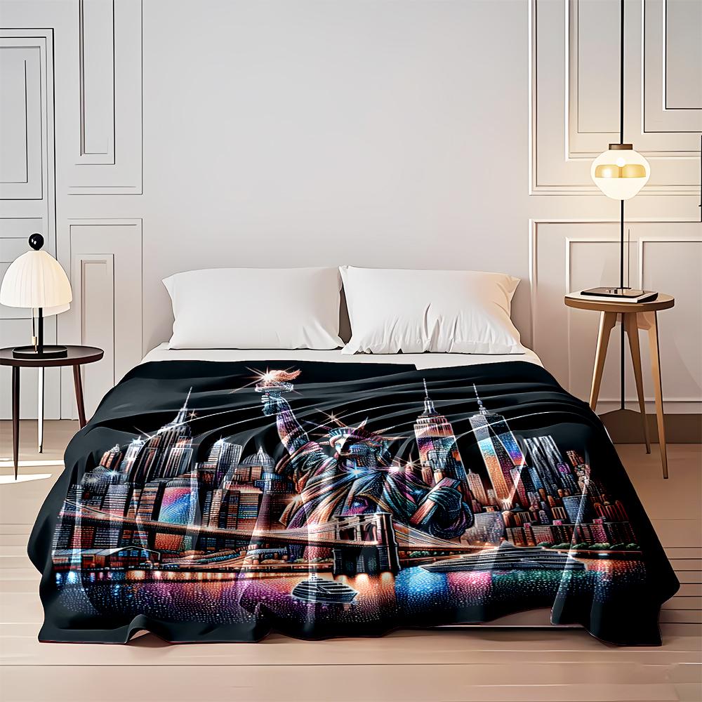 Colorful Statue of Liberty with NYC Skyline Flannel Blanket for Bedroom, Living Room, Sofa, and Nap Sofas.