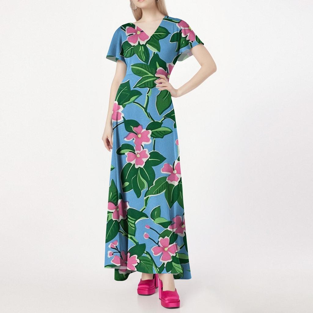 Lässiges Damenkleid mit V-Ausschnitt, kurzen Ärmeln und hoher Taille, Retro-Blumenblatt-Print