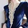 Women's Elegant Vintage Velvet Blouse Women's Trim V-neck Top with Pearl Buttons Slim Fit Long Sleeve Shirt for Party Casual