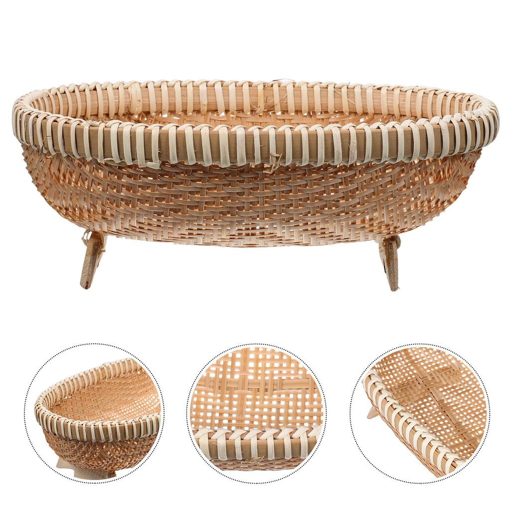 Bamboo Woven Storage Basket Handmade Grain Texture Breathable Lightweight Portable for Fruit Vegetables Clothes Books