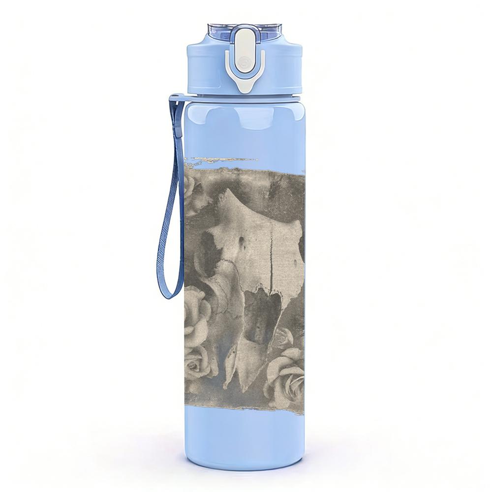 1PC Faded building monochrome sketch print 750ml colorful plastic sports water bottle leakproof pop up lid with straw for outdoor work home use