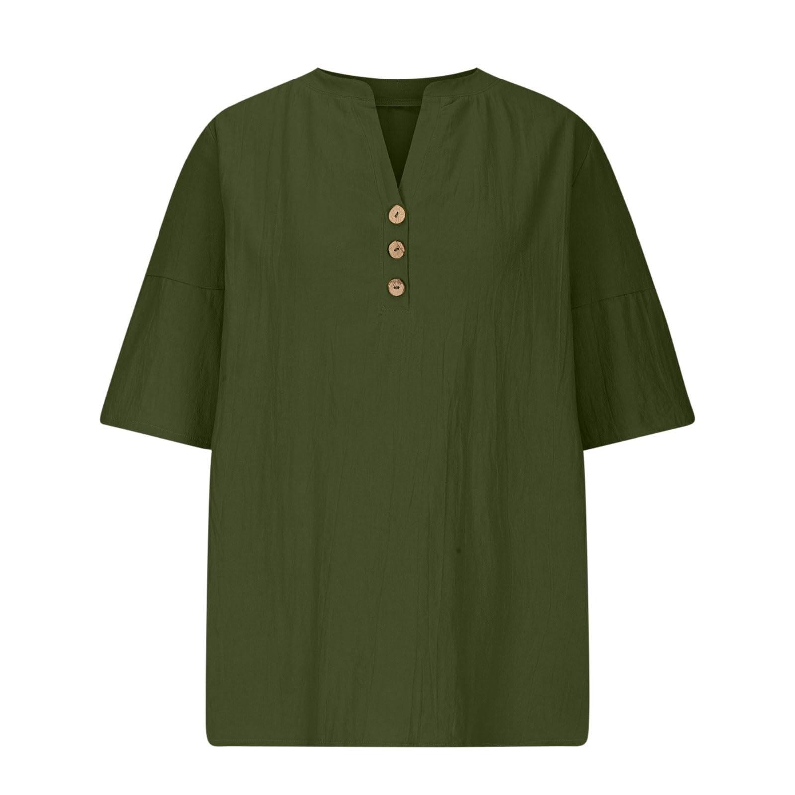 Женская летняя свободная футболка с v-образным вырезом и рукавами три четверти — фото 3