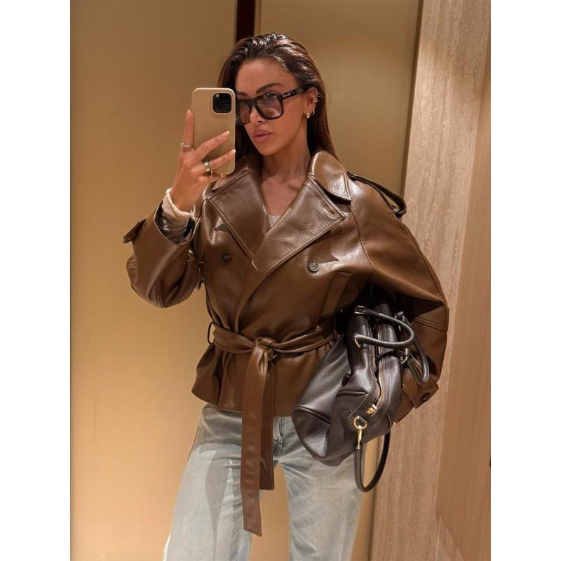 Womens Brown Faux Leather Double-Breasted Peaked Collar Jacket With Waist Belt Retro Style
