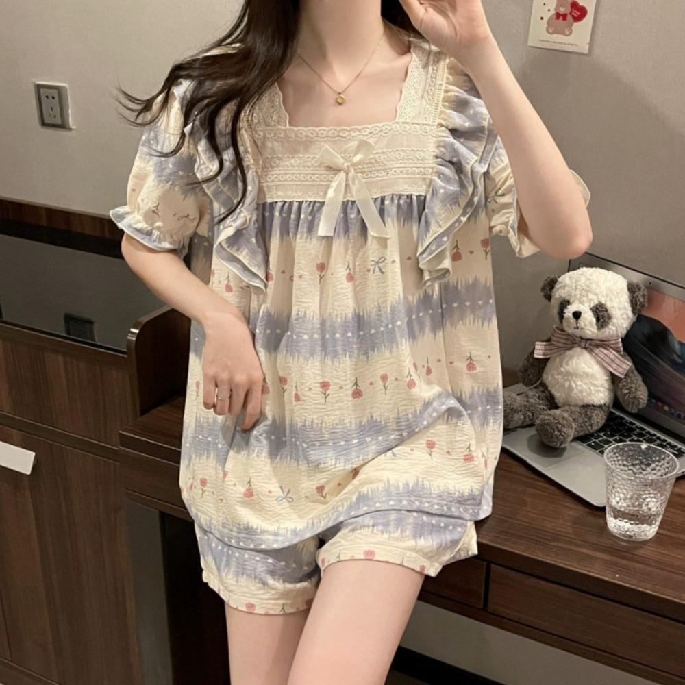 New Korean Version of Short-sleeved Pajamas for Women 2024 Summer Sweet Bubble Student Home Clothing Set