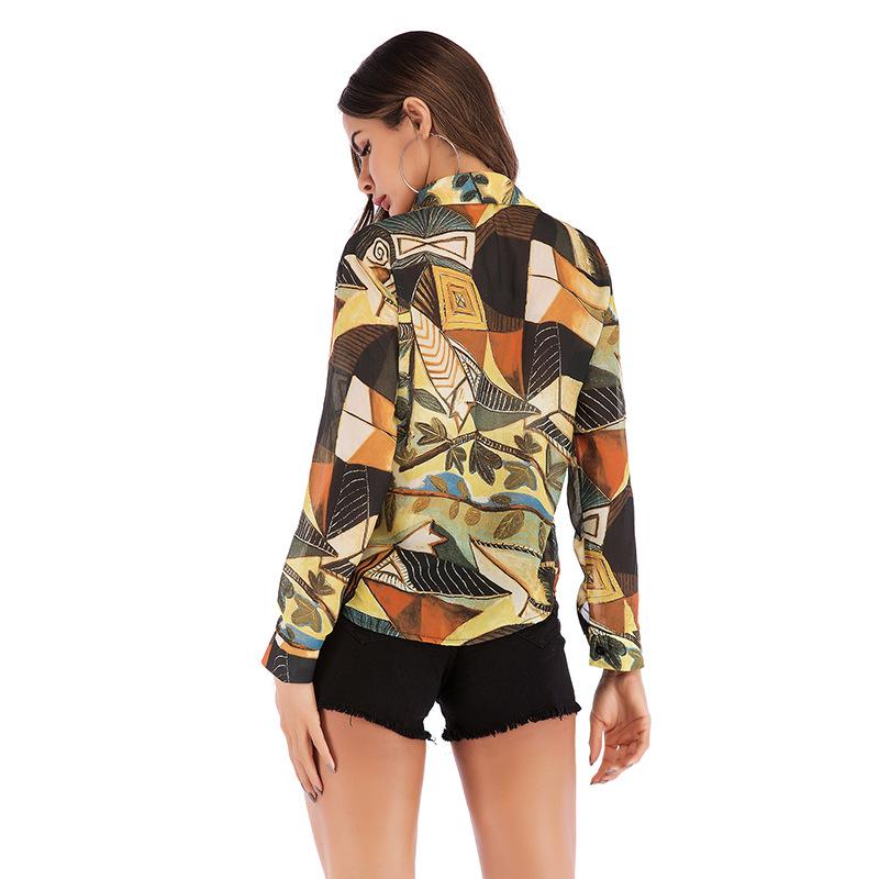 Fashionable and Casual Temperament Women's Retro Tops Printed Lapel Long Sleeve Chiffon Shirt Women