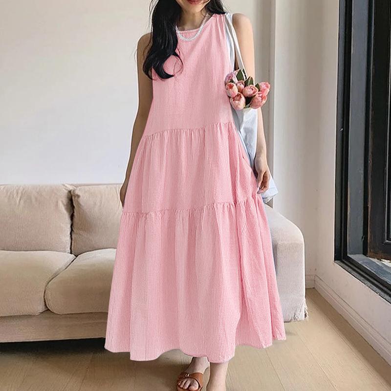 ZANZEA Women Round Neck Loose Casual Stripe Sleeveless Dress