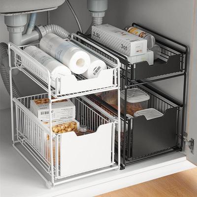 Verstelbaar Duw-Trek Opbergrek voor Slaapkamer, Kantoor, Keuken, of Onder de Gootsteen in Zwart & Wit; Verkrijgbaar in Kleine & Grote Maten.
