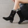 Krazing Pot Cow Suede Nubuck Winter Round Toe Modern Boots Med Heels Slip on Metal Rivets Women Mid-calf Boots