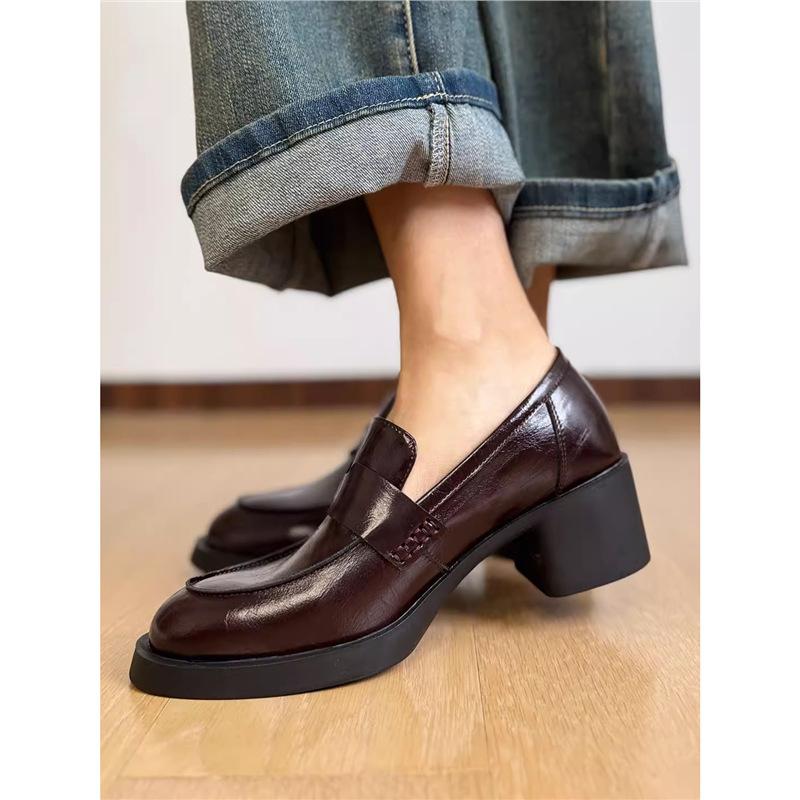 Silent sole British style round head loafers women's thick heel medium heel single shoes commuter small leather shoes black
