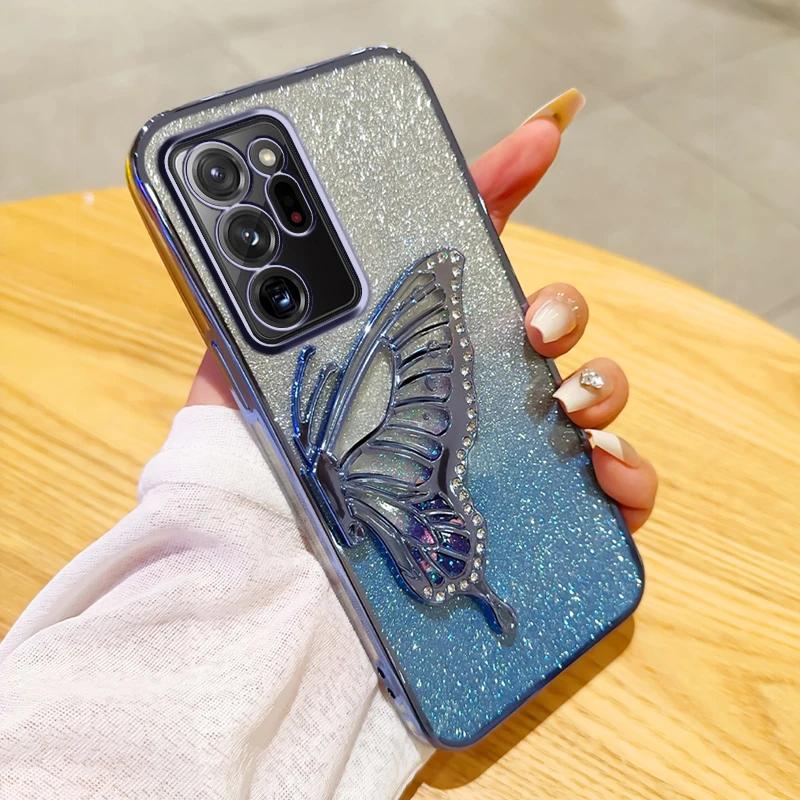 3D Butterfly Glitter Phone Case for Samsung Galaxy Note 20 Ultra Note 10 Plus Note 8 9 Camera Protection Black Cover