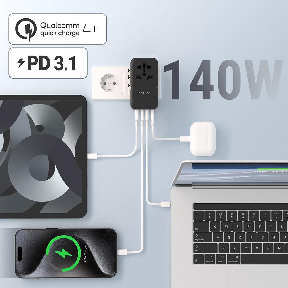 Adaptor Universal de Călătorie MINIX TP140 140W, 3*USB-C 1*USB-A