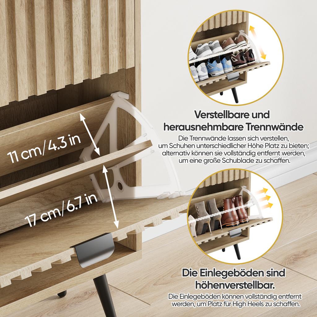 60 Cm Shoe Cabinet In Natural Wood Look, Freestanding, Mid-Century Modern Style, Two Tilt Compartments, Grooved Surface; for Entrance Areas, Foyers