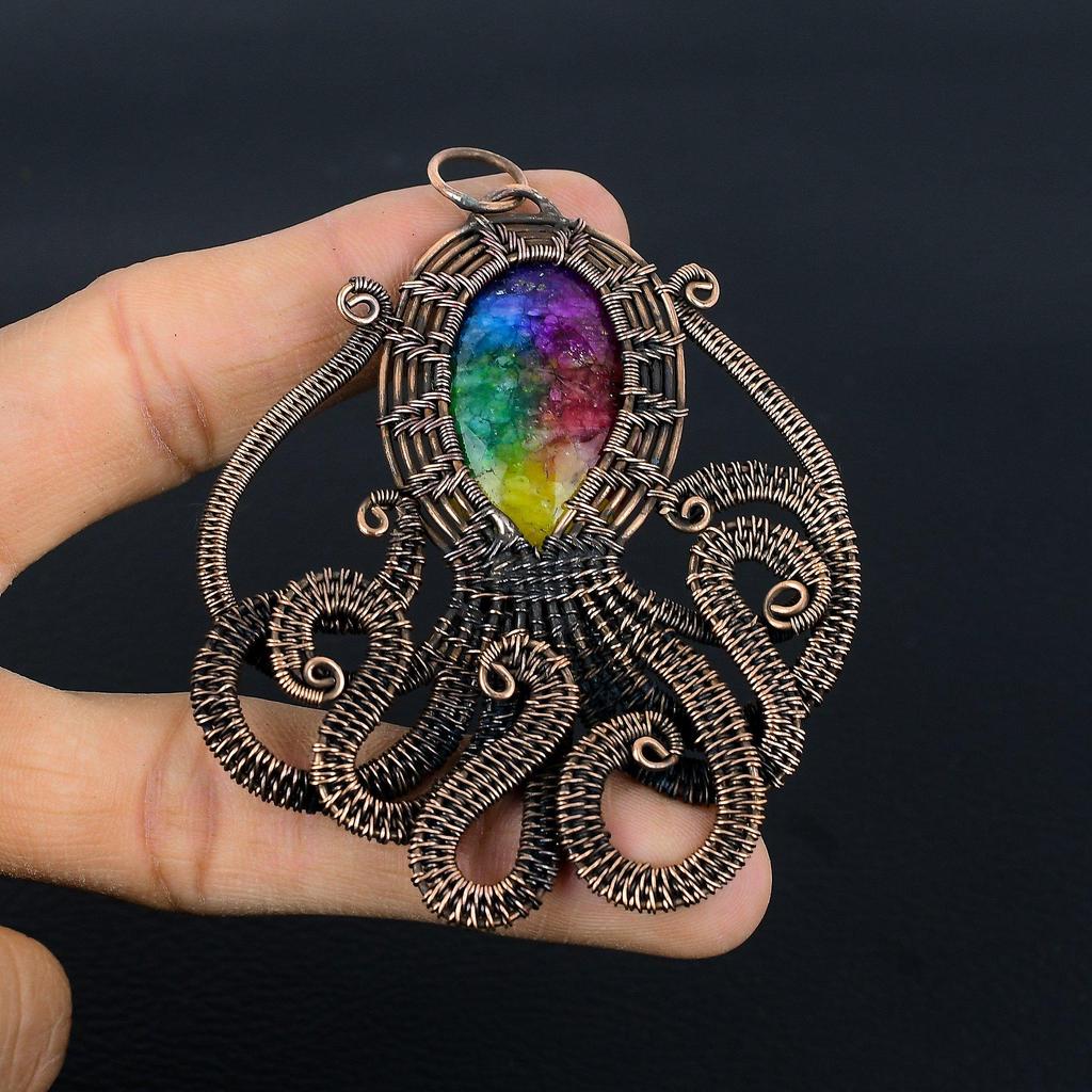 Rainbow Solar Quartz 999 Copper Wire Wrapped Pendant, Handmade Gemstone Pendant Jewelry, Gifts For Wife Brand New Pendant