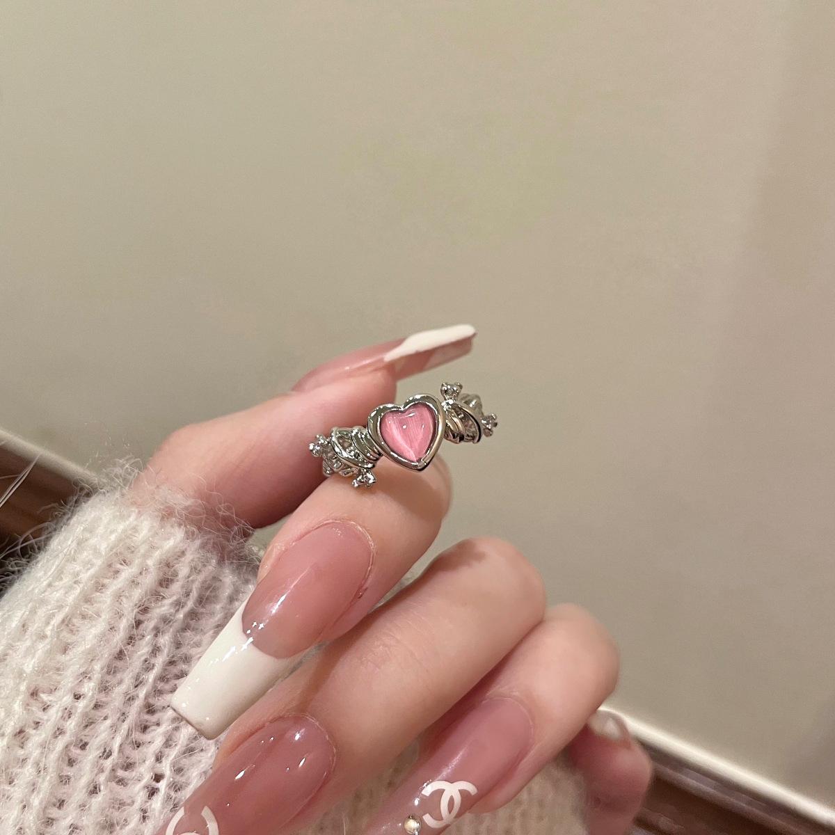 Elegant Adjustable Sweet Pink Heart Ring for Women Open Adjustable