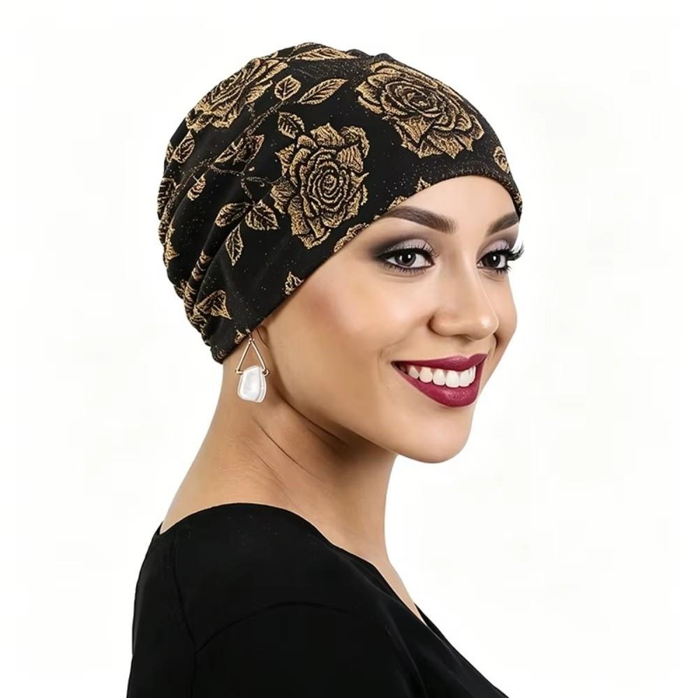 Soft Material Hijab Inner Undercap Glitter Floral Print Chemo Head Wrap For Hair Loss
