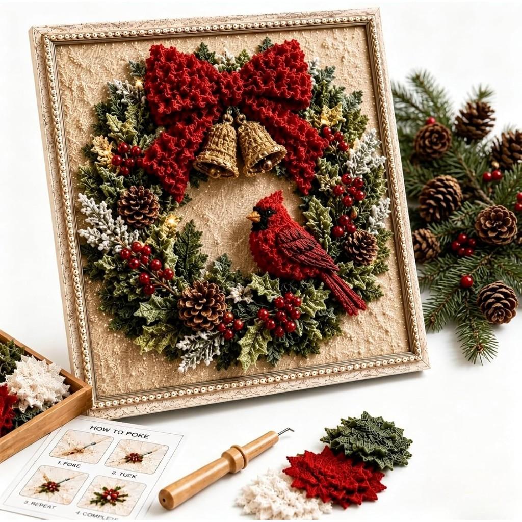 3D Christmas Handmade Fabric Poke Art Kit with Wreath Design: DIY Holiday Craft with Simple Illustrated Guide Vintage Seasonal Decoration for Adults