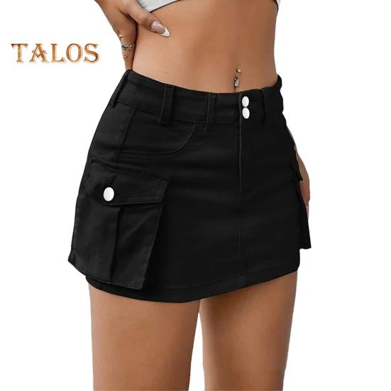 Mini fustă de blugi pentru femei Fusta cargo cu talie joasă cu buzunar, culoare solidă, cu buton, fermoar, fustă scurtă, îmbrăcăminte de stradă