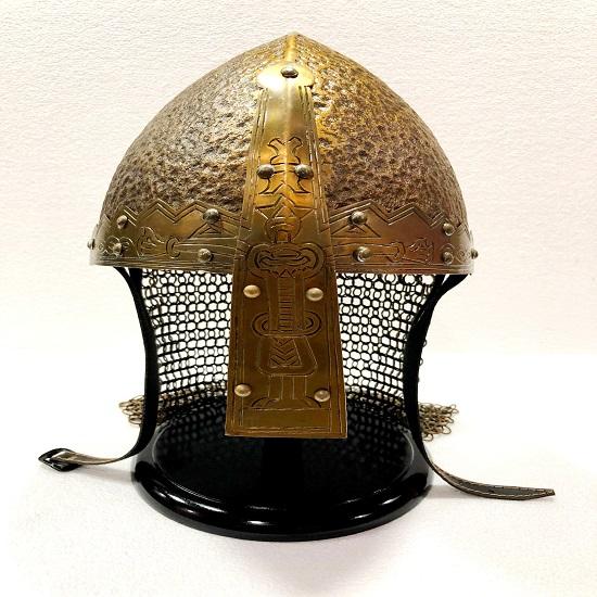 Medieval Norman Viking Brown Amour Iron and Brass Gjermundbu Chainmail Wearable Helmet with Wooden Stand