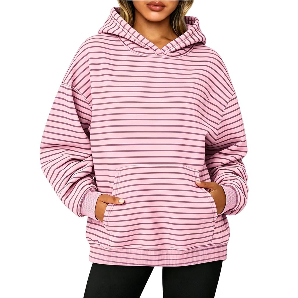 Women's Long Sleeve Striped Hoodie with Pocket - Casual Pullover Sweatshirt