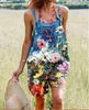 1116 European and American women's clothing ebay summer cotton and linen retro printing straps wide-leg women's jumpsuit