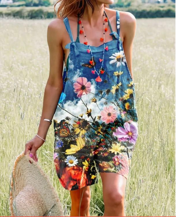 1116 European and American women's clothing ebay summer cotton and linen retro printing straps wide-leg women's jumpsuit