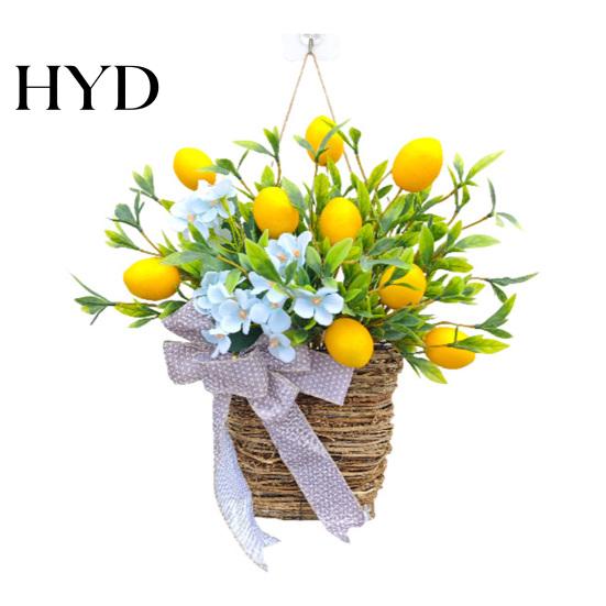 Spring Door Decoration Yellow Lemon Hanger Basket Wreath for Front Artificial Fruits Fresh Summer with Woven Farmhouse Porch Wall Decor Blue 1pc
