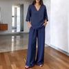 Women's Spring V-Neck Top and Wide-Leg Pants Set - Solid Color, Short-Sleeved, European & American Style Casual Wear