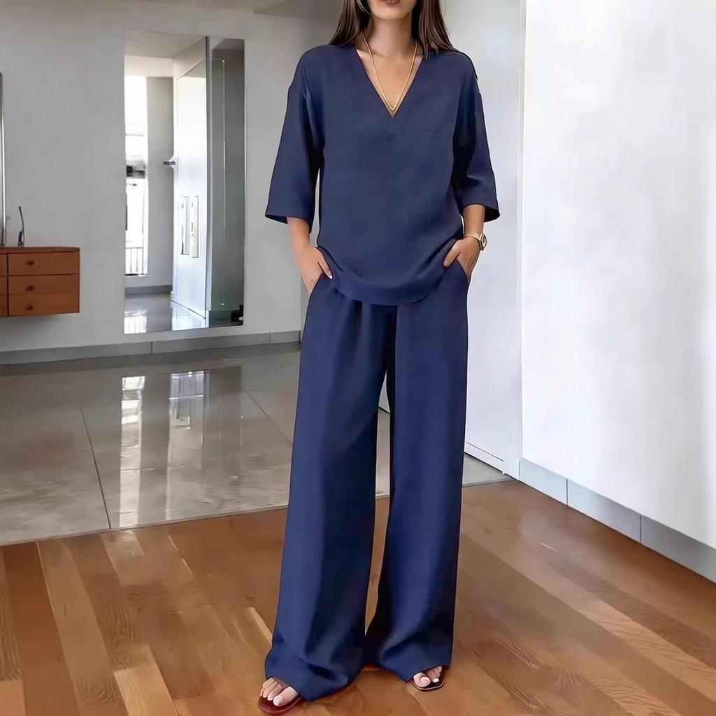 Women's Spring V-Neck Top and Wide-Leg Pants Set - Solid Color, Short-Sleeved, European & American Style Casual Wear