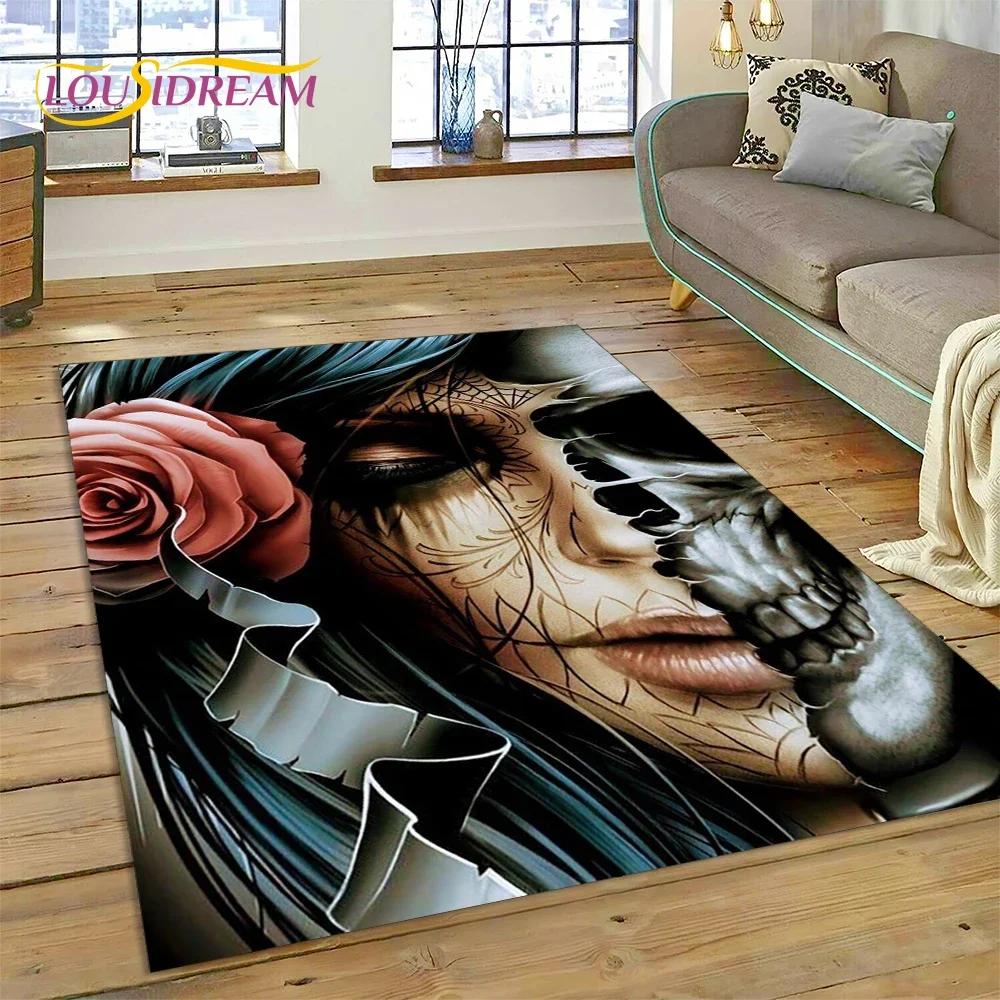 Totenkopf Totes Mädchen 3D Gothic Horror Weiblich Rose Teppich für Wohnzimmer Schlafzimmer Dekoration, Rutschfeste Dekoration für Sofa Fußmatte Geschenk
