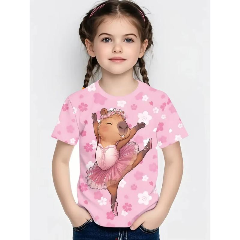 T-Shirts for Girls Fashion Capybara Children Clothes Summer Girls Clothes 7 To 8 Years Tops Cute Cartoon Print Tee Child T-Shirt