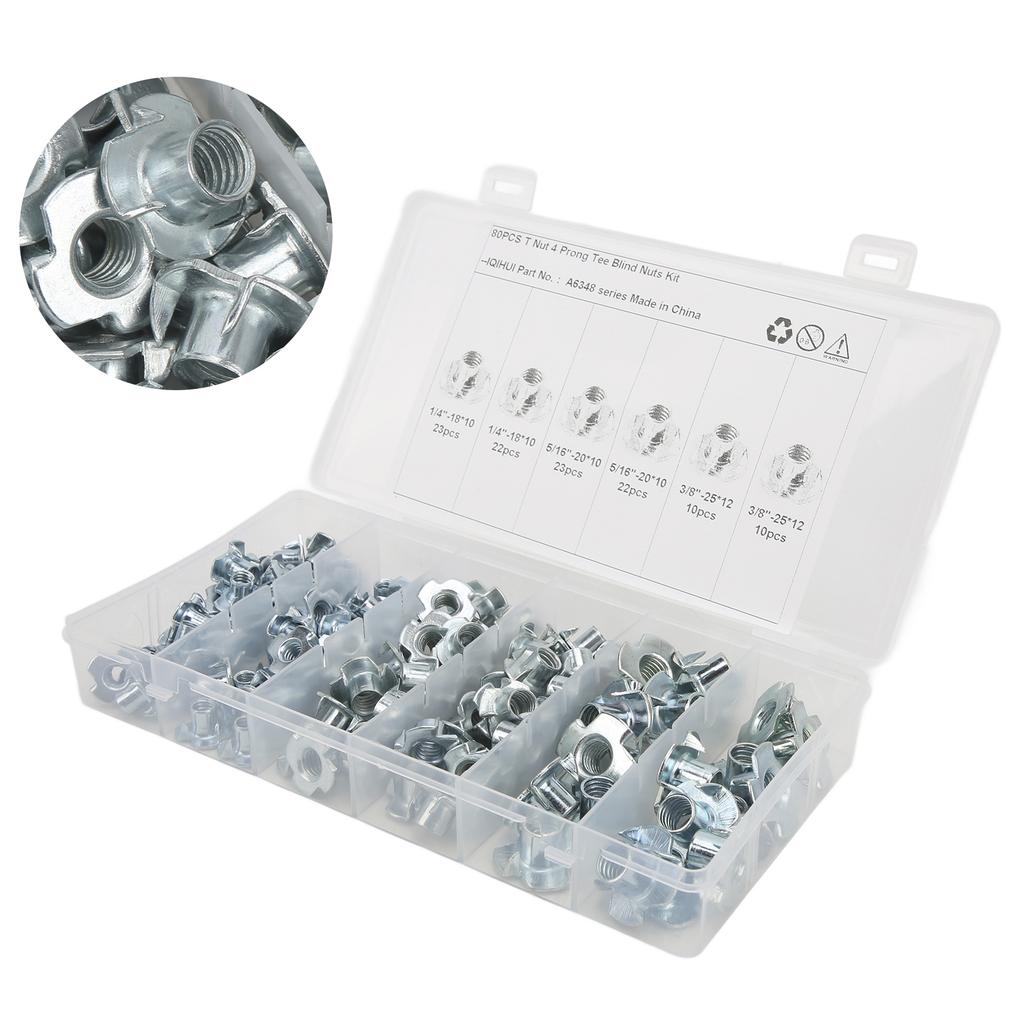 110Pcs T Nuts 1 4in 5 16in 3 8in Steel Corrosion Resistant Galvanized Rustproof Pronged Tee Nut
